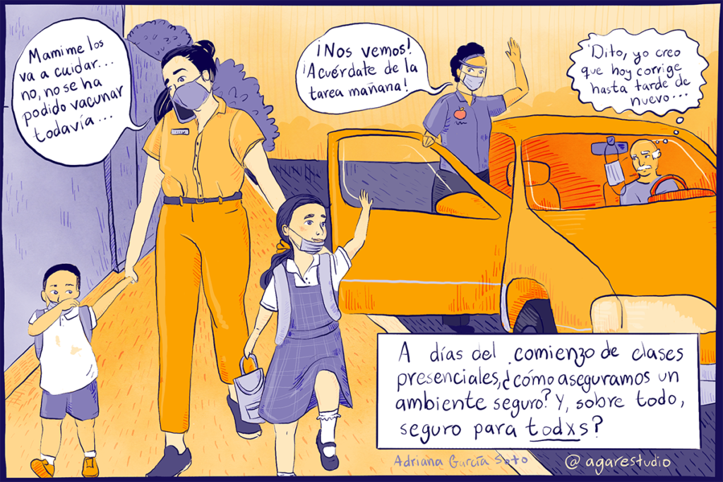 Ilustración madre busca a sus hijos a la escuela en medio de la pandemia por COVID-19, por Agar estudio, Adriana García Soto